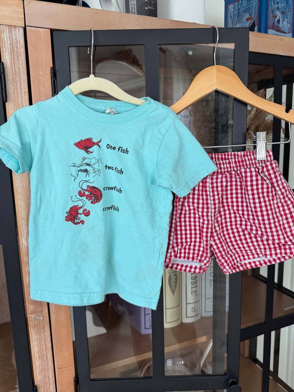 Crawfish Dr. Seuss set tee gingham shorts Louisiana one fish two short sleeve